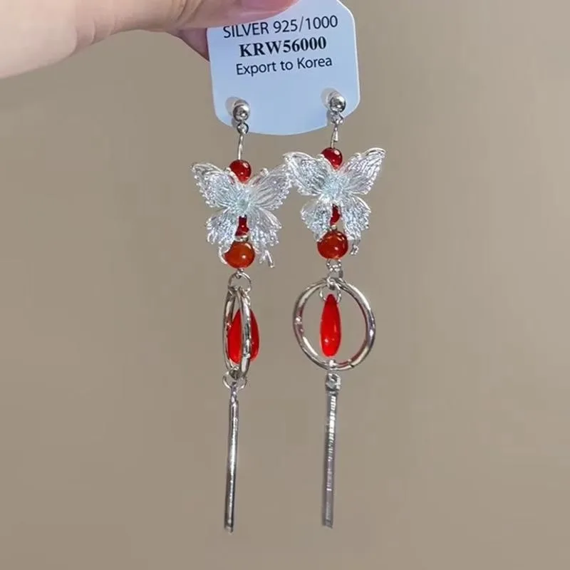 Steel Fun New Chinese Style Red Butterfly Earrings Women's Enamel Drip Oil Blue Long Tassel Song Dynasty Bridal Earrings Female