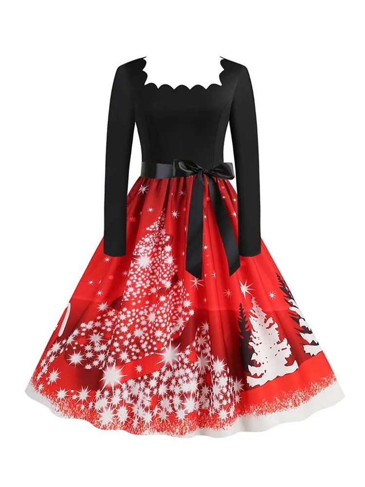 Robe de soirée de noël Vintage pour femmes, manches longues, imprimé décontracté, années 50 et 60, élégante, célébration du nouvel an, douane