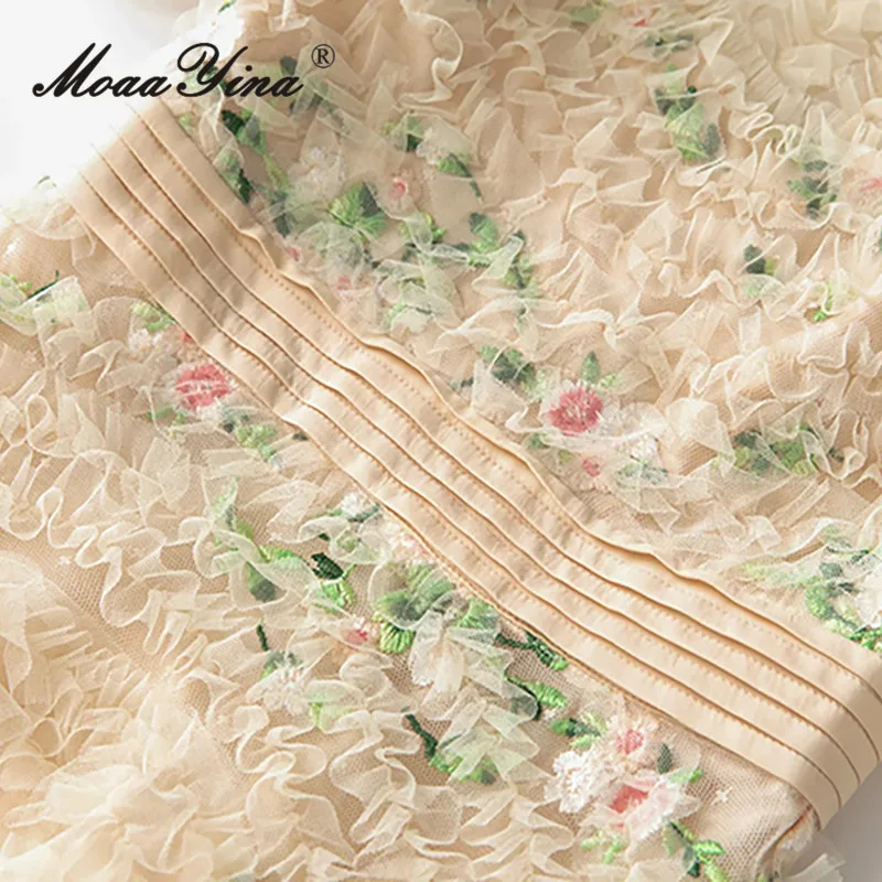 MoaaYina Vestido feminino retrô bordado estampado em camadas de malha plissada gola redonda manga curta S-4XL