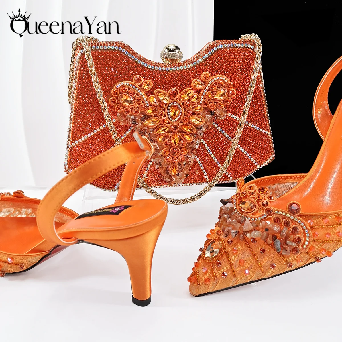 Queena Yan Wome High Heel for Lady 2025 Luxury Designer Orange Color Full Diamond Pointed Toe Wedding Shoe and Bag Set for Party
