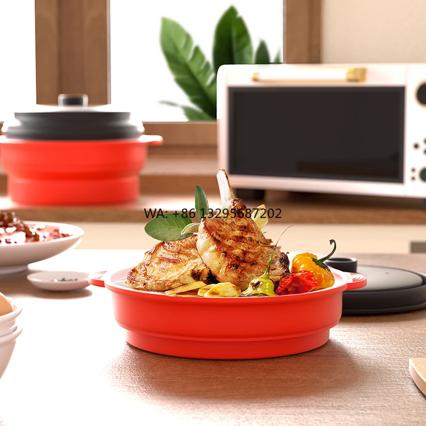 

2pieces Easy To Operate Kitchen Helper 2 In 1 Grill Pan Collapsible Silicone Skillet Microwave Steamer Cooker Baking Tray Set