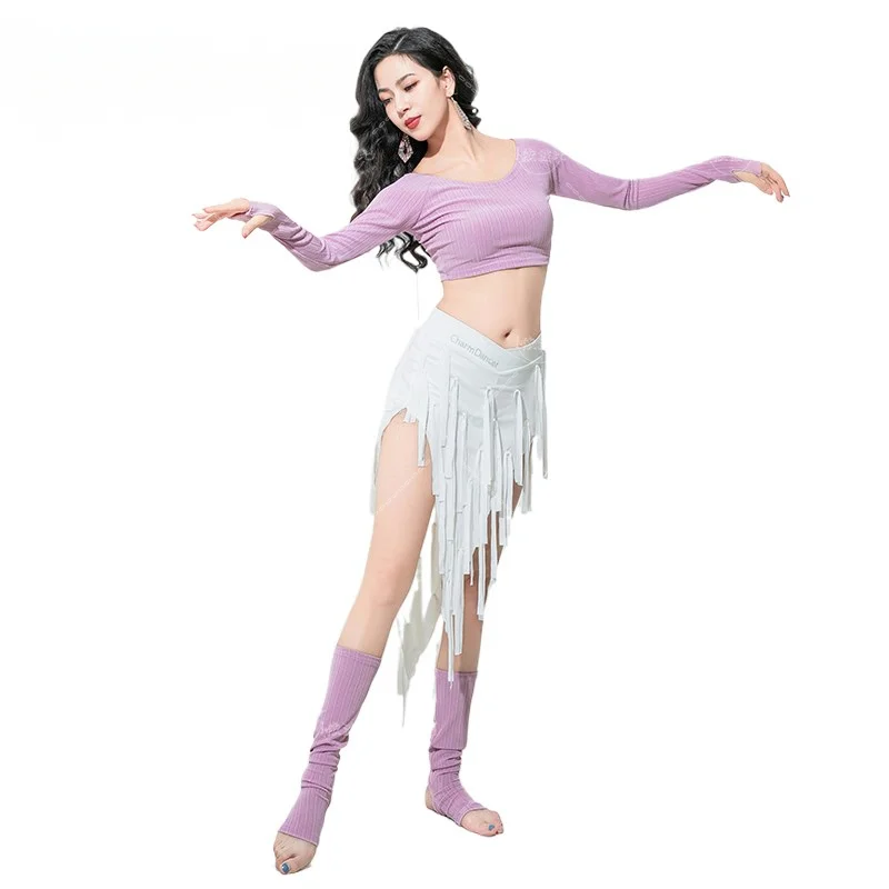 Bellydance Triangle Hip Scarf Tassel Fringe Skirt Women Long Sleeve Finger Thumb Hole Top Leg Warmmer Oriental Dancer Costume