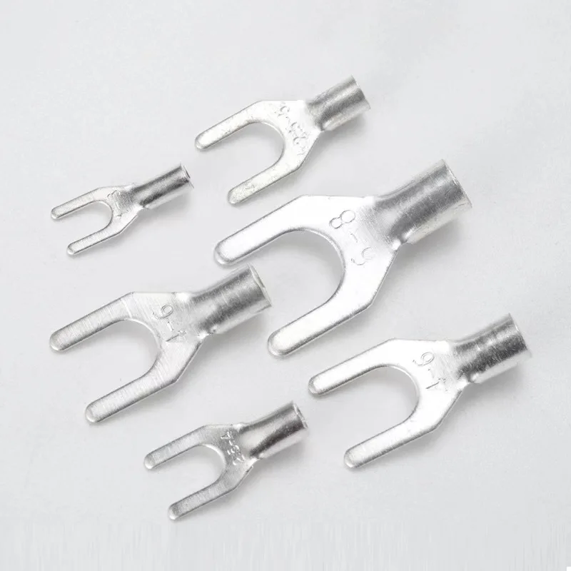 50PCS Cable Connector Crimp UT Copper 0.5/1-4/1.5-3 Non-Insulated Fork-Type Wire Tin-Plated Brass Terminals Cold Pressed Lug