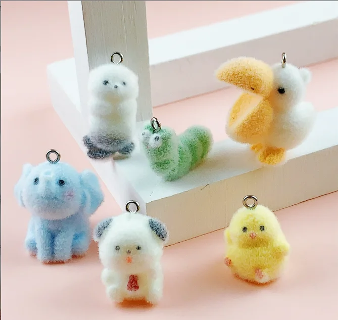 20pcs 3D Cute Flocking Cartoon Animal Pendant for Mobile phone accessories Earring Keychain Making DIY Accessories Wholesale