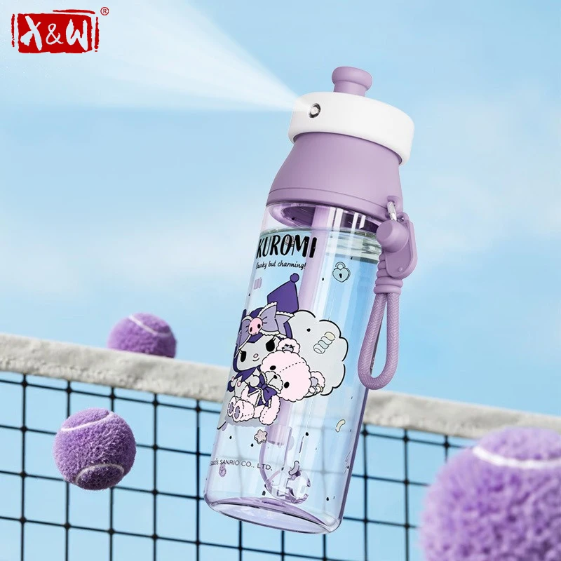X&W for Sanrio 500ml Kids Spray Water Cup Cartoon Kuromi Hello Kitty Straw Water Bottle Summer Portable Outdoor Drinking Cups