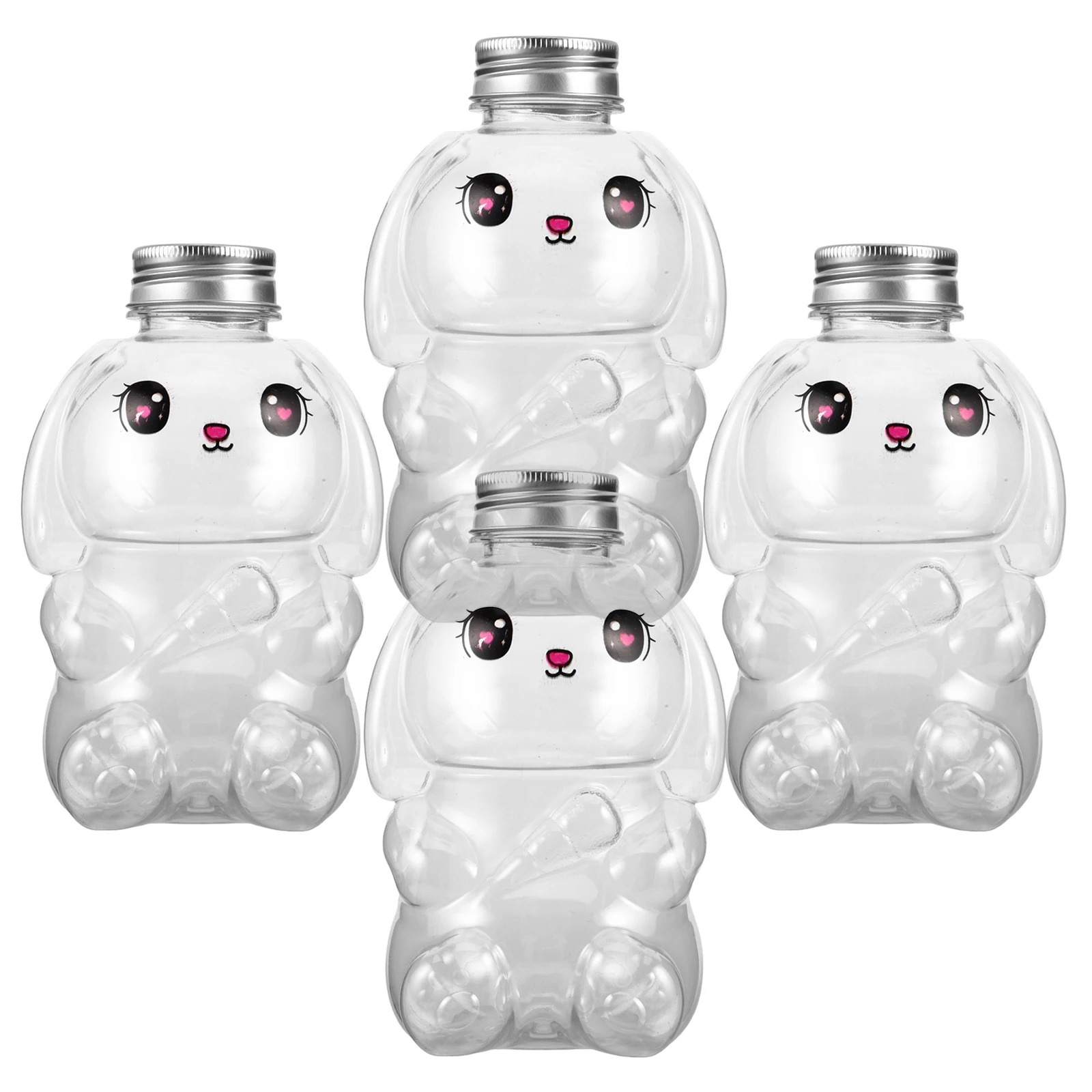 

4Pcs Cute Rabbit Milk Tea Bottles Reusable Portable Beverage Containers Party Drink Holder Refillable Juice Storage Bottle