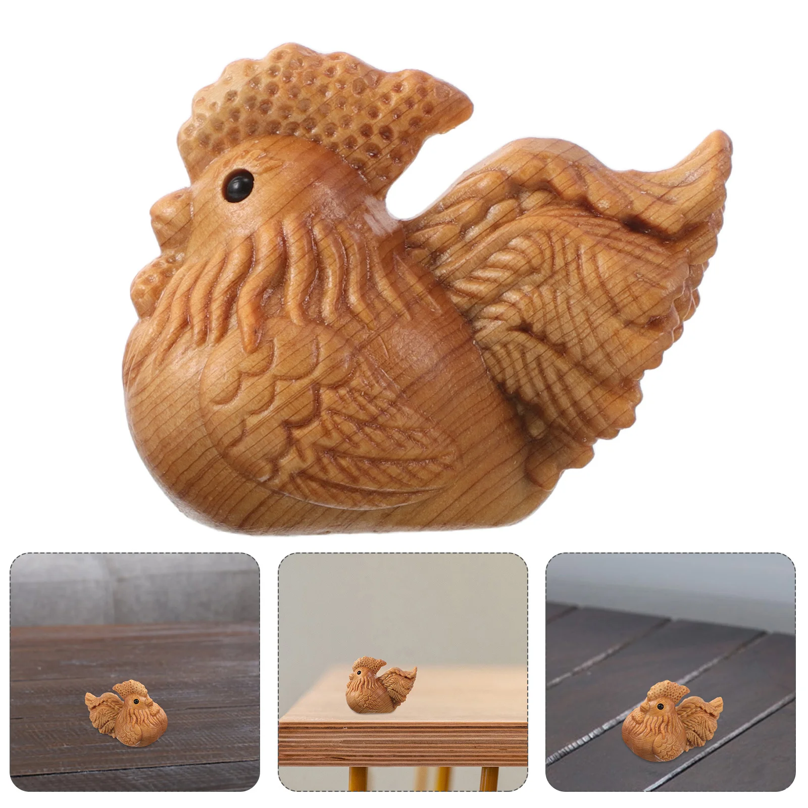 

Wooden Chicken Figurine: Hand Carved Natural Wood Rooster Statue For Home Office Desk Decor Animal Wood Carving Craft