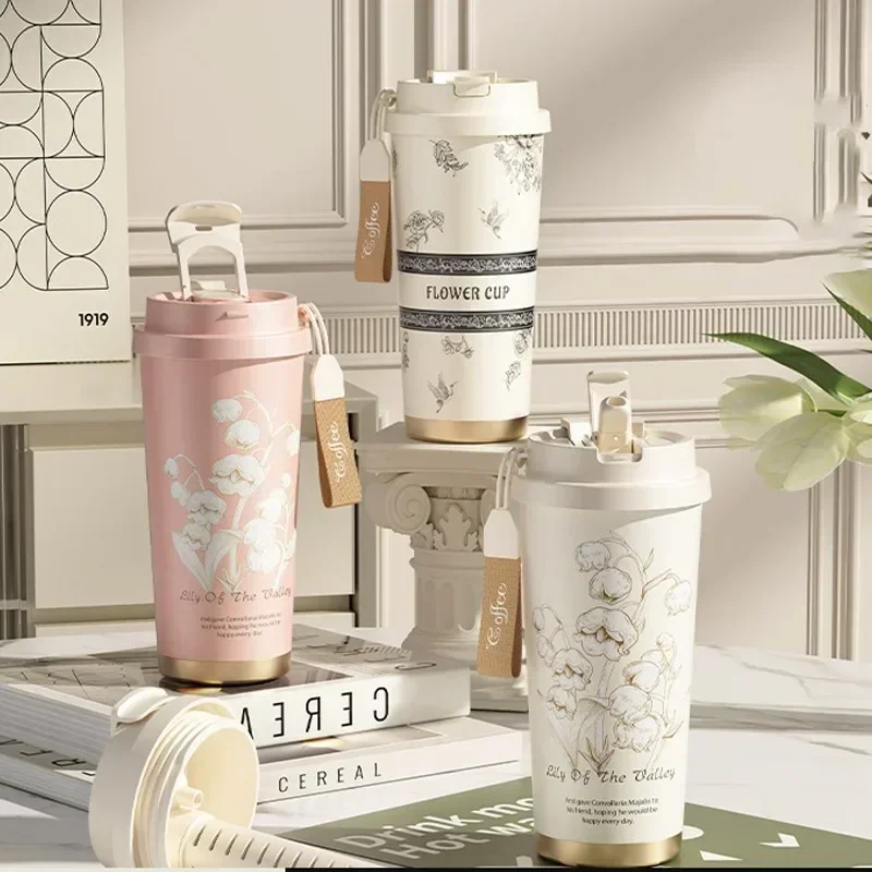 2025 Stainless Steel  Lily of The Valley Design Travel Portable Leakproof Sippy Cup Coffee Cup Car Cold Handy Cup