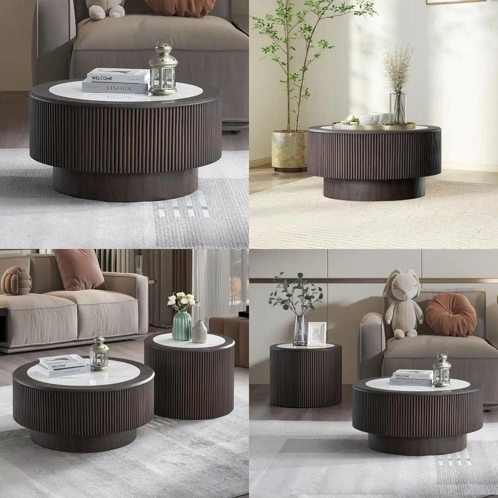 

Modern Luxury 31.5 Round Coffee Table with Marble Pattern and Wood Drum Base