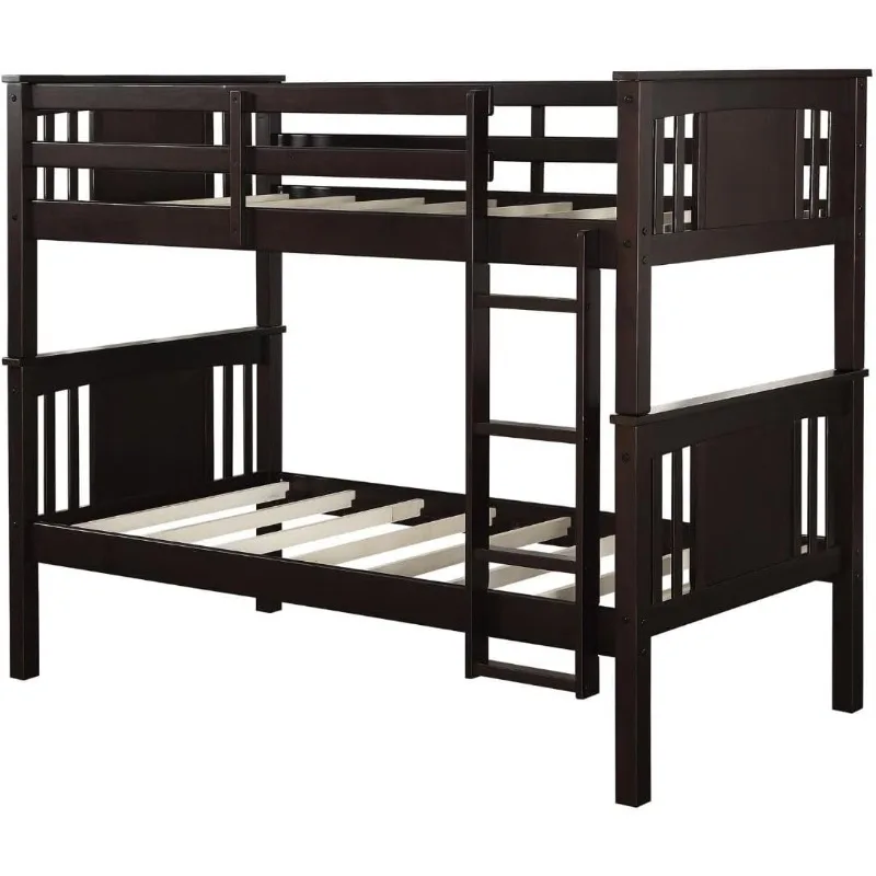 

Convertible Wood Bunk Bed, Stackable and Detachable Bed Frames for Kids and Teens, with Ladder, High Guardrail, Wood Slats