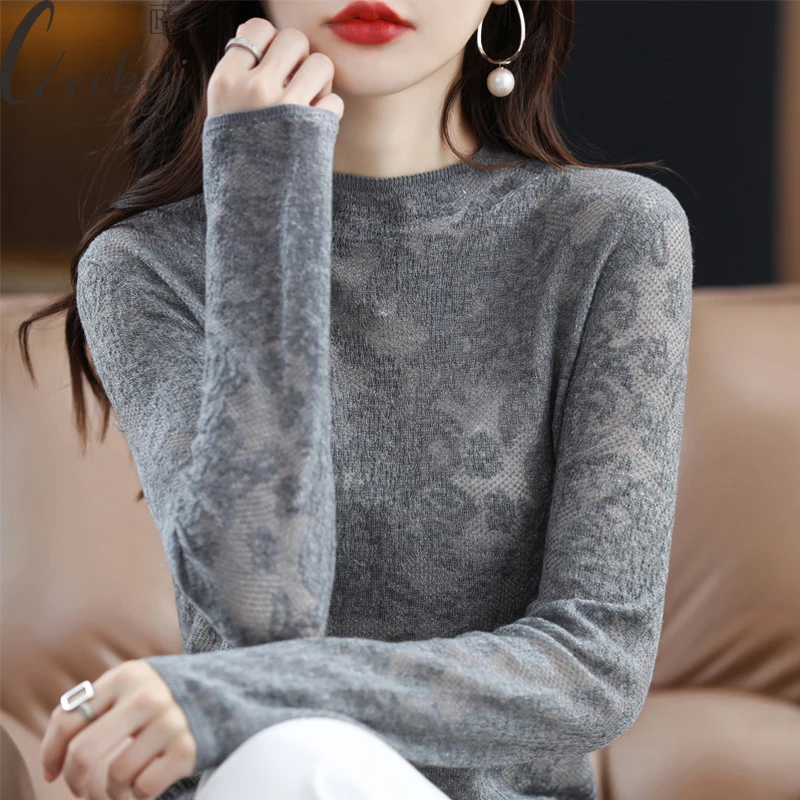 Women Lace Hollow Out Knit Top Korean Fashion Half-Turleneck Thin Seater Autumn Winter Kniwear Long Sleeve Bottoming Pullover