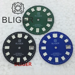 BLIGER 28.5mm Watch Dial Sterile Black Blue Green Fit NH35/NH35A Movements 3 O'clock Date Window Green Luminous