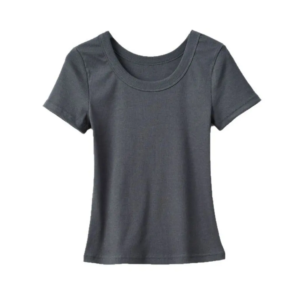 

Женская облегающая футболка с короткими рукавами, хлопковая нить, летняя одежда на плечах в западном стиле, уменьшающий возраст топ, тонкая утягивающая повседневная одежда