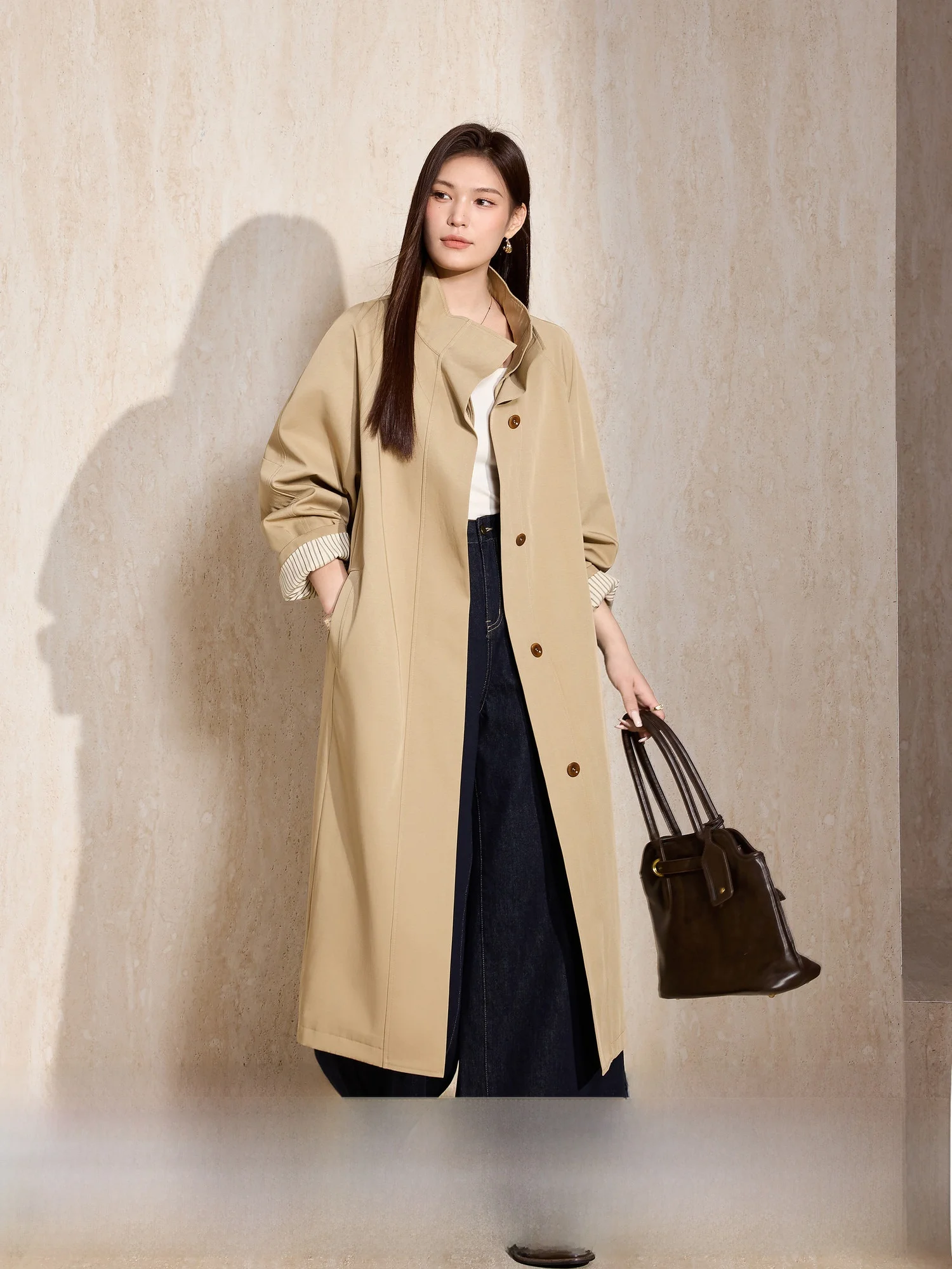 

Blue Language Large Size Women's Briti Design i Color Stand Collar Overcoat Loose Slimming Mid-Length Coat Commute Simpl...