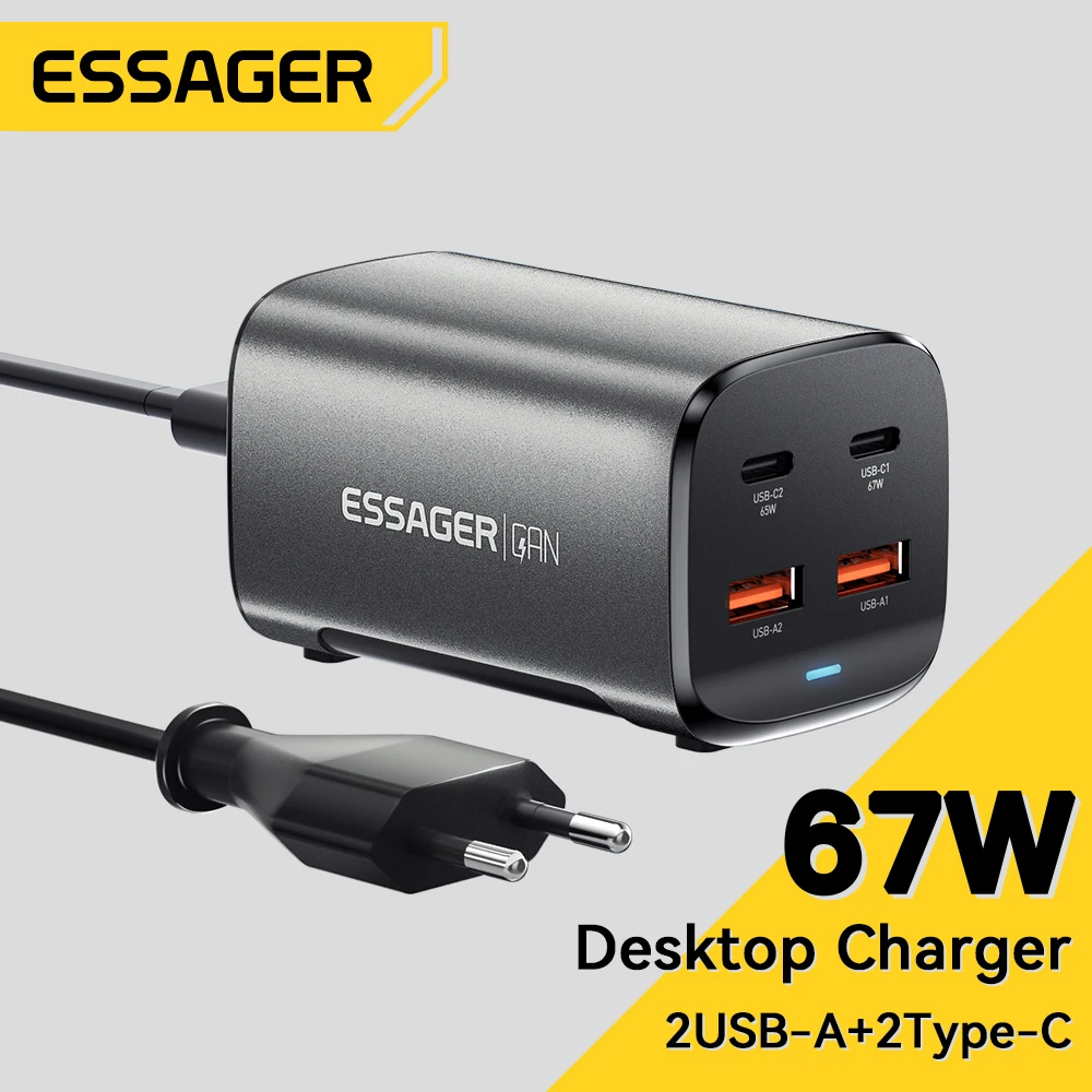 Essager 67W USB C GaN Charger Desktop Quick Charge 4.0 QC 3.0 PD Type C Fast Charging For MacBook Samsung POPC iPhone 15 Laptop