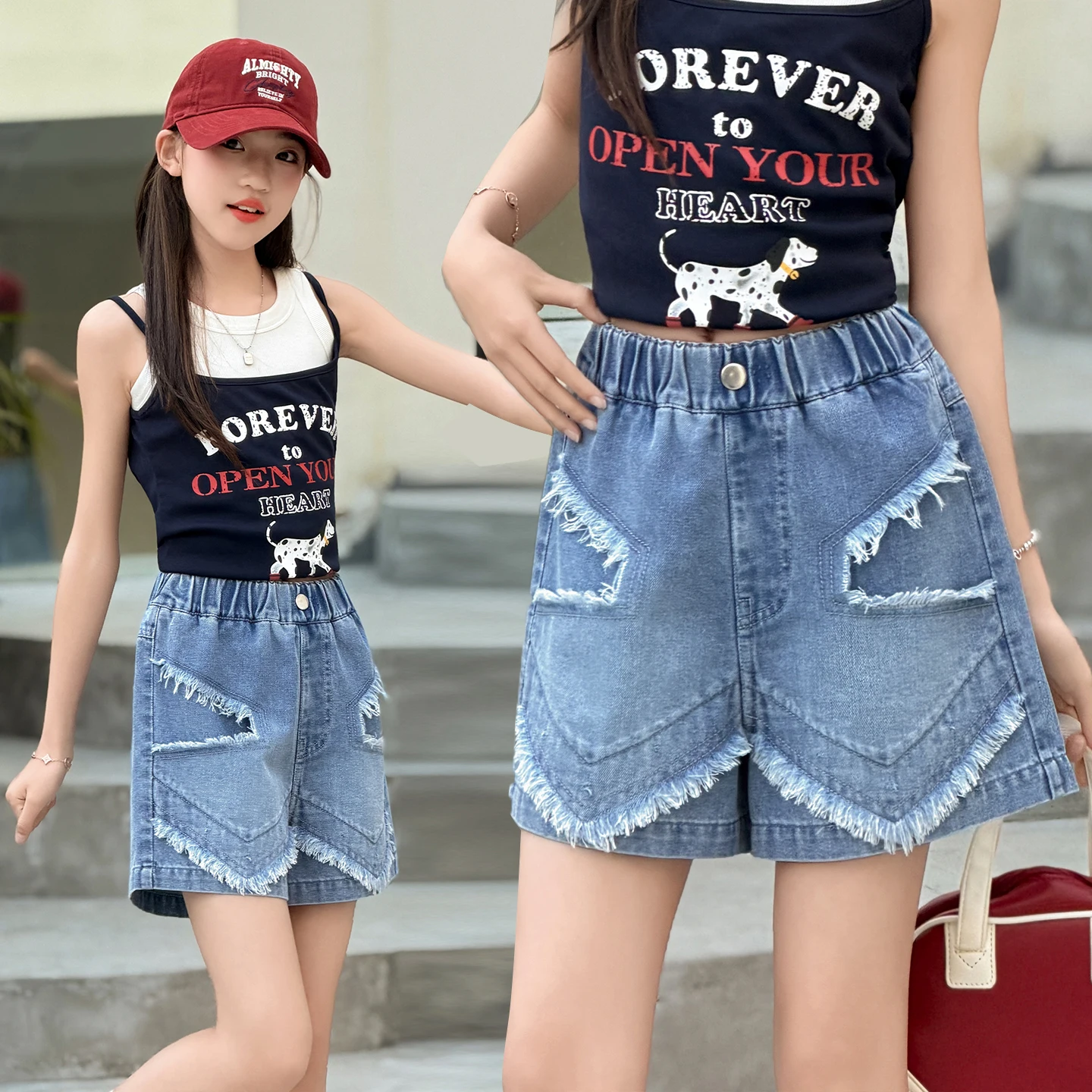 Girls 2000s Y2K Vintage Denim Shorts Casual Fashion Cool Short Jeans Kids Toddler Girls 4-14Y with Patchwork Distressed Washed