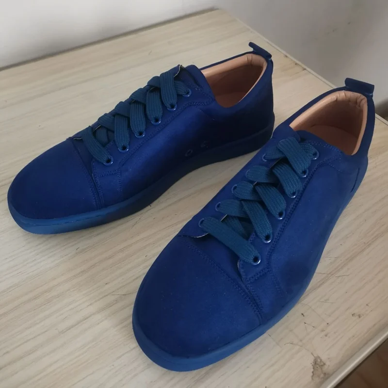 Low Cut Blue Suede Sneakers Men Casual Sneaker Shoes Fashion Handmade Lace-up Men\'s Flats Leather Shoes Skateboarding Shoes