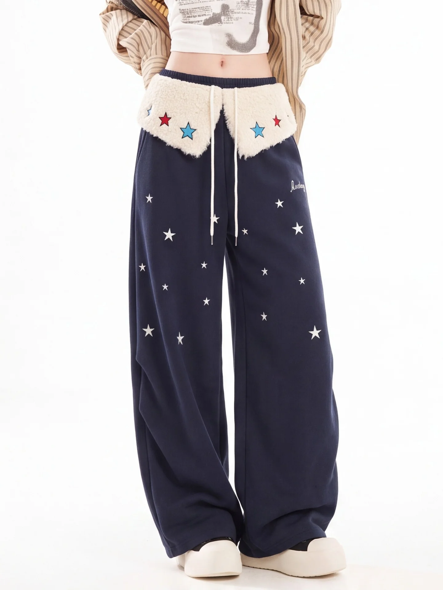 Ant American Casual Plush Star High Waist Wide Leg Pants Women Loose Drawstring Trousers Trendy Brand Autumn Fashion Ladies