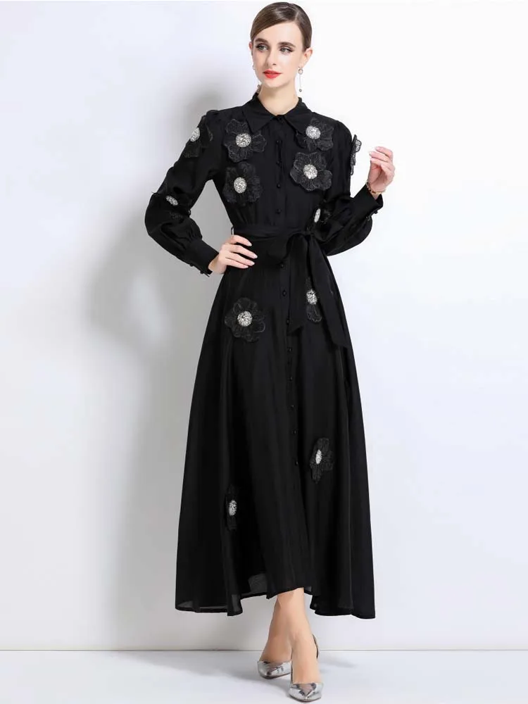 Długa sukienka koszulowa z cekinami i kwiatowym wzorem Damska Jesień 2025 Luksusowe Sukienki Maxi z długim rękawem i paskami Elegancka Jednolita INKEO 5D239