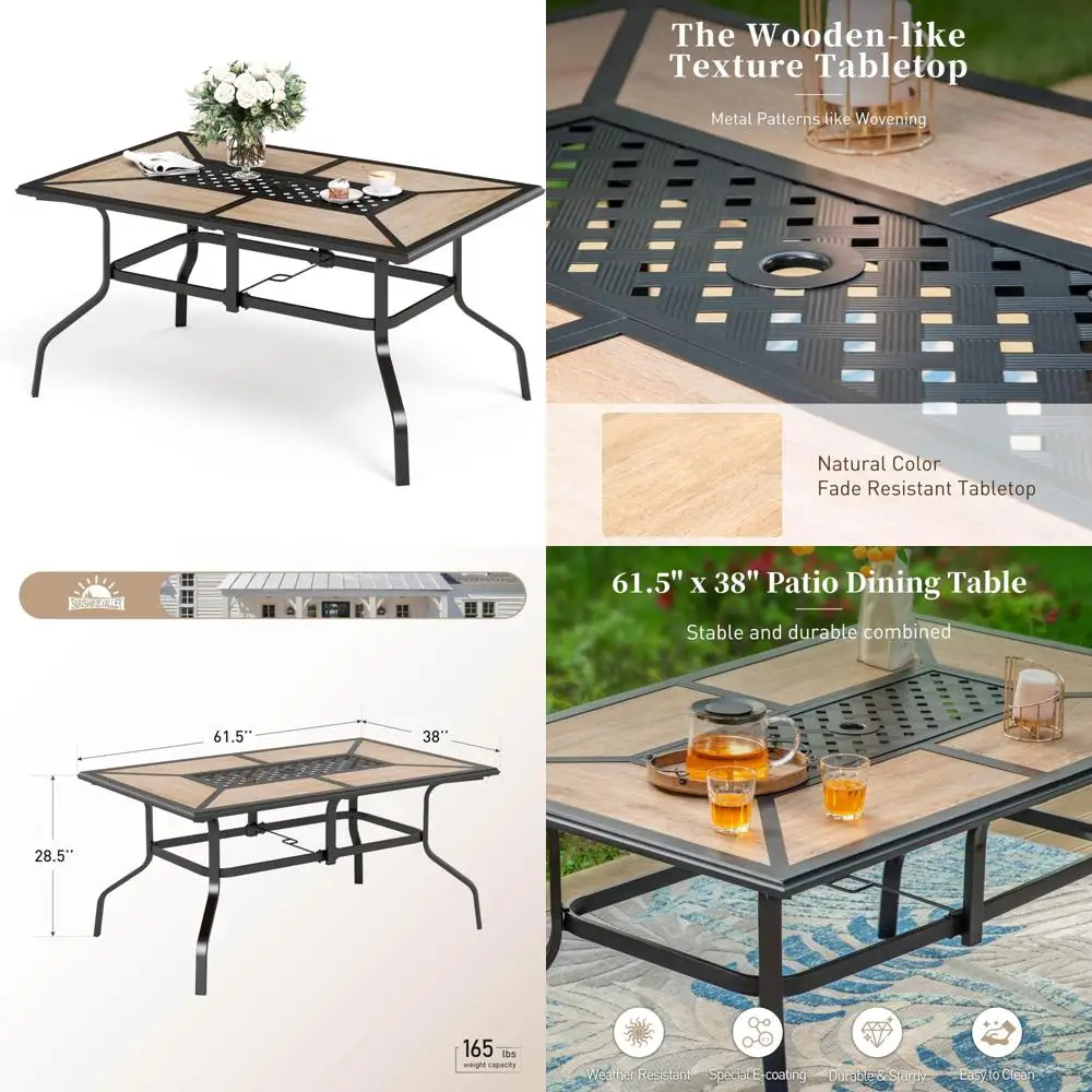 طاولة طعام مستطيلة الشكل بلون خشب الساج تتسع لـ 6 أشخاص مع فتحة مظلة، وأثاث خارجي بإطار فولاذي متين