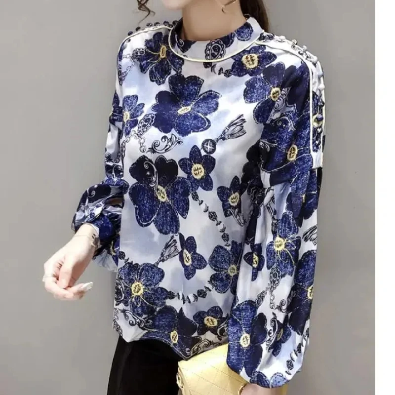 Korean Commute Spring Autumn New Blouses Women\'s Fashion Spliced Round Neck Printed Button Loose Lantern Sleeve Pullover Shirts