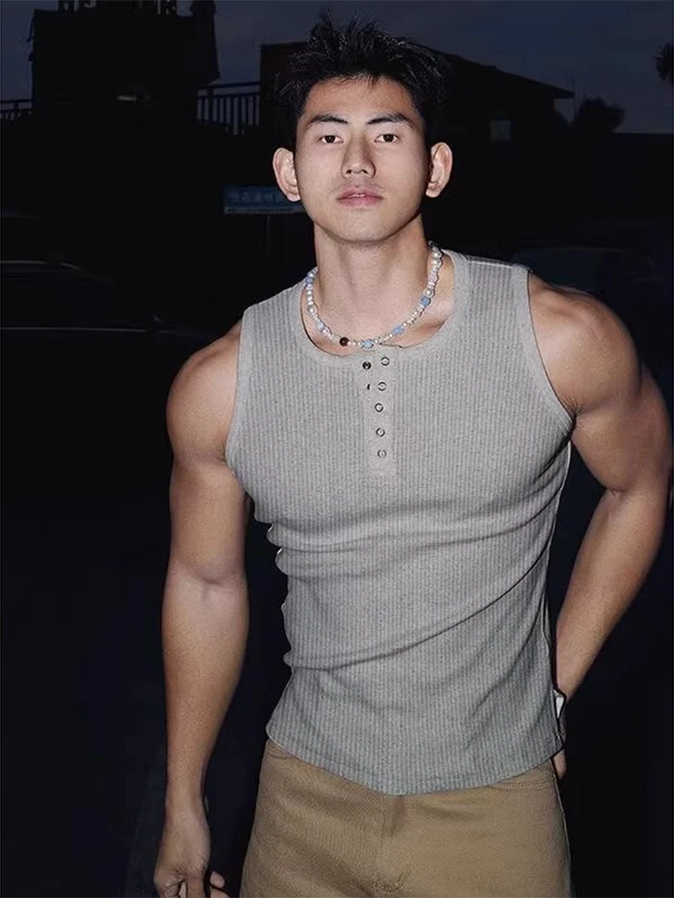 ay Henry Collar Sport Vest Men's Summer American Retro Ice Silk Svel Base oulder T-irt Breathable Youth Faion