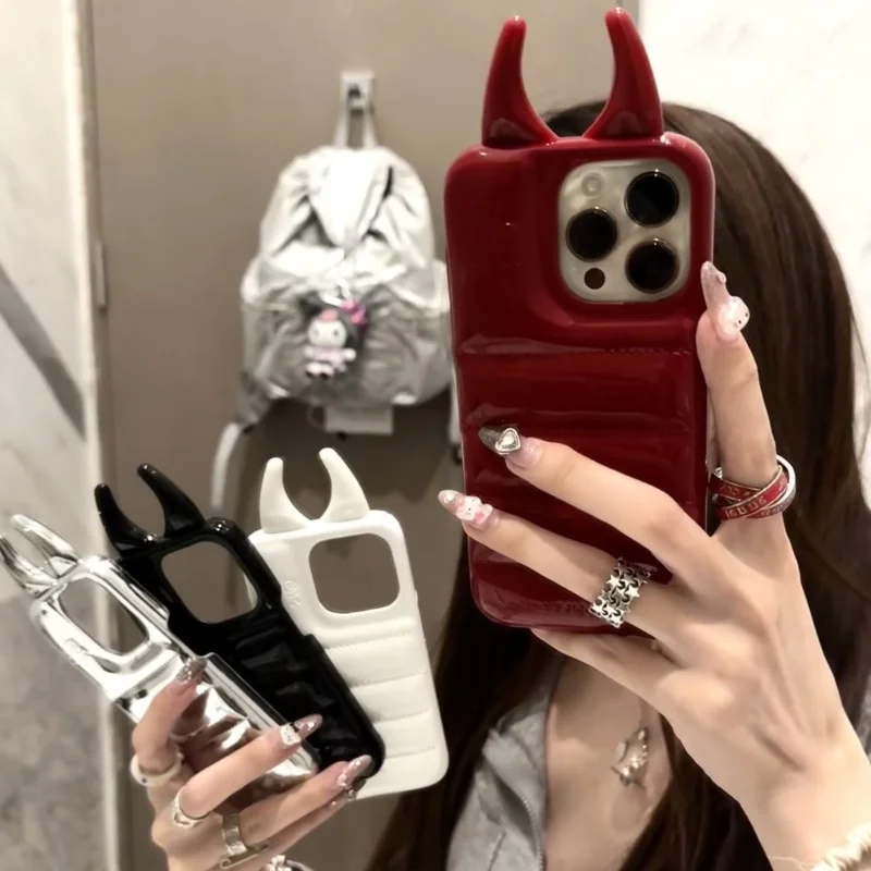 Creative Evil Horns Down Jacket Phone Case For IPhone 16 15 14 13 12 Pro Max INS Devil Glossy Influencer Soft Silicone Cover