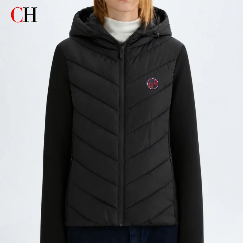 CH Womens Circular Chest Patch Badge Chevron Quilted Hooded Puffer Jacket Panel Sleeves Daily Commute Wear