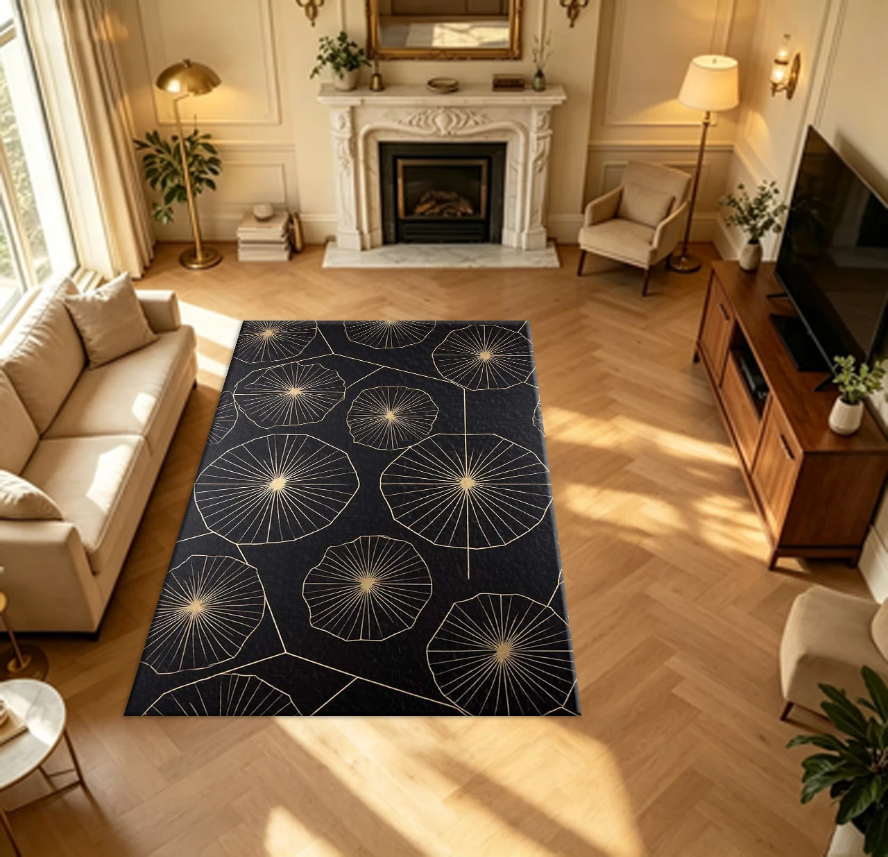 Modern Black Gold Abstract Leaf Line Carpet Flooring Luxury Geometric Botanical Household Living Hall Area Rug Indoor Floor Ornament