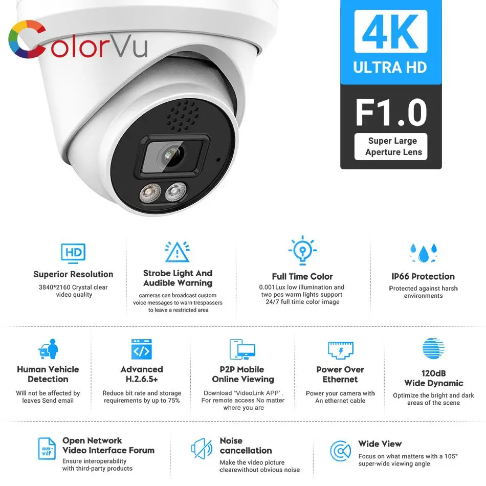 4K 8MP Full Color POE Security Camera for Hikvision Compatible MD2.0 2-Way Audio Alarm CCTV Home Surveillance IP Camera Onvif