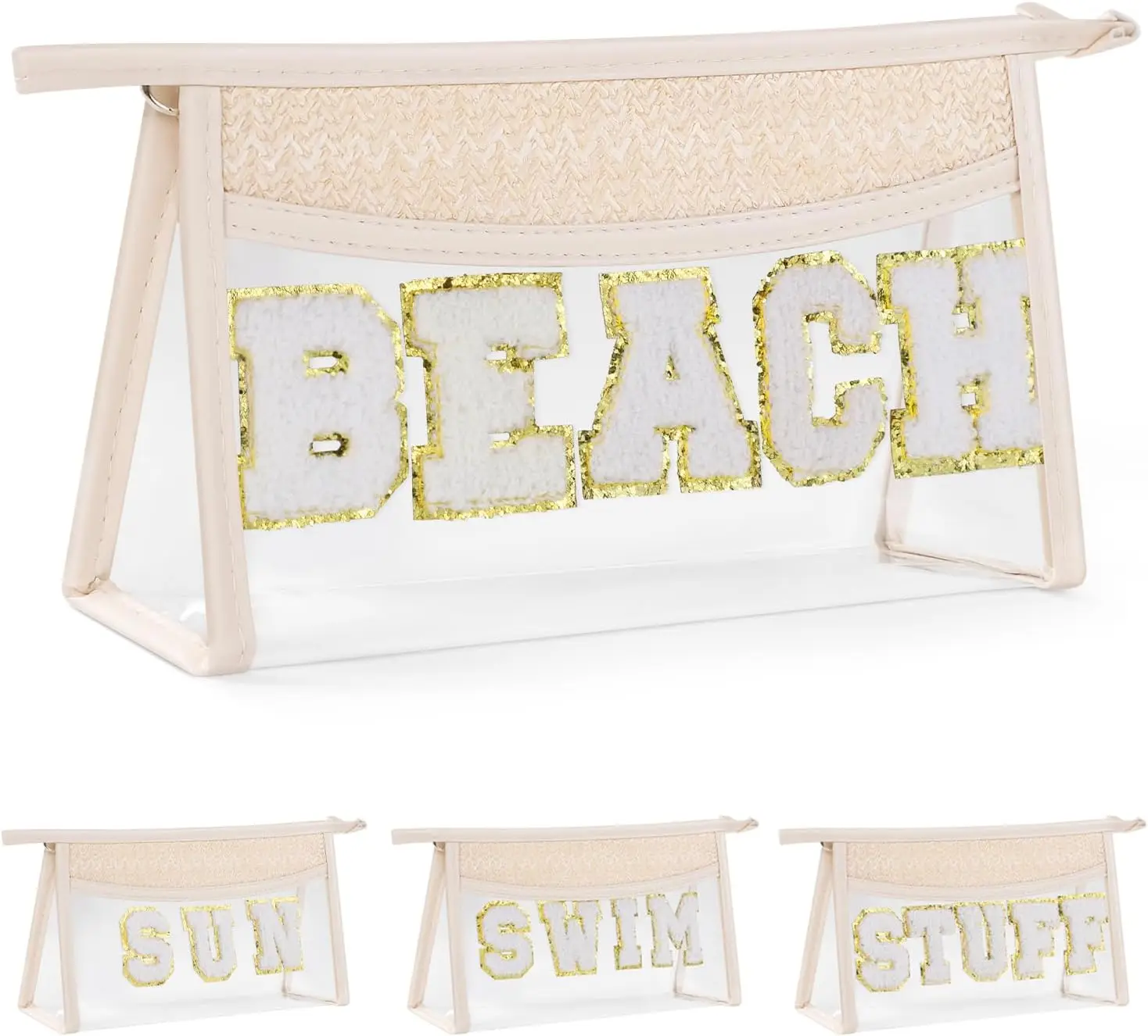 

Boho Clear PVC Beach Makeup Bag, Waterproof Travel Toiletry Bag with Chenille Letter, Small Zipper Pouch for Essentials