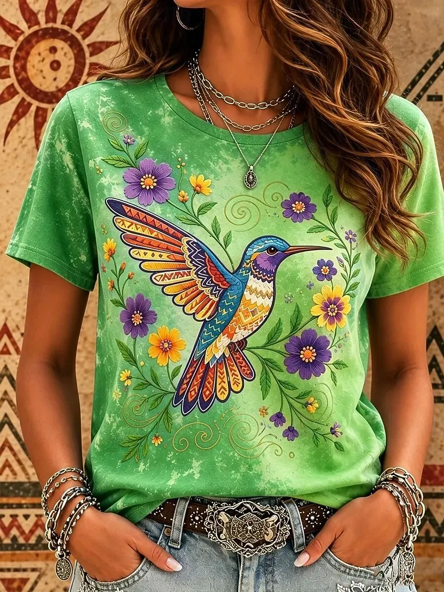 Women's Spring Summer 3D Printed Crew Neck T Shirt, Pink Tie Dye Colorful Hummingbird Floral Ethnic Boho Fresh Top