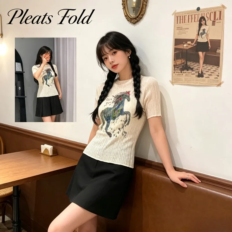 Miyake Pleated 2026 New Printed Half-High Neck Short Sleeve T-Shirt for Women Artistic Ink Painting Pattern Slim Fit Texture Top