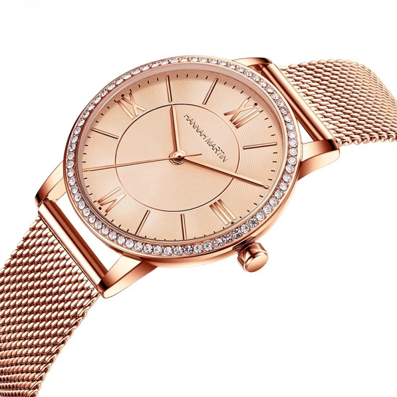 

New Fashion Rose Gold Women's Watch Rhinestone Bezel Roman Numeral Dial Stainless Steel Mesh Band Waterproof Casual Quartz watch