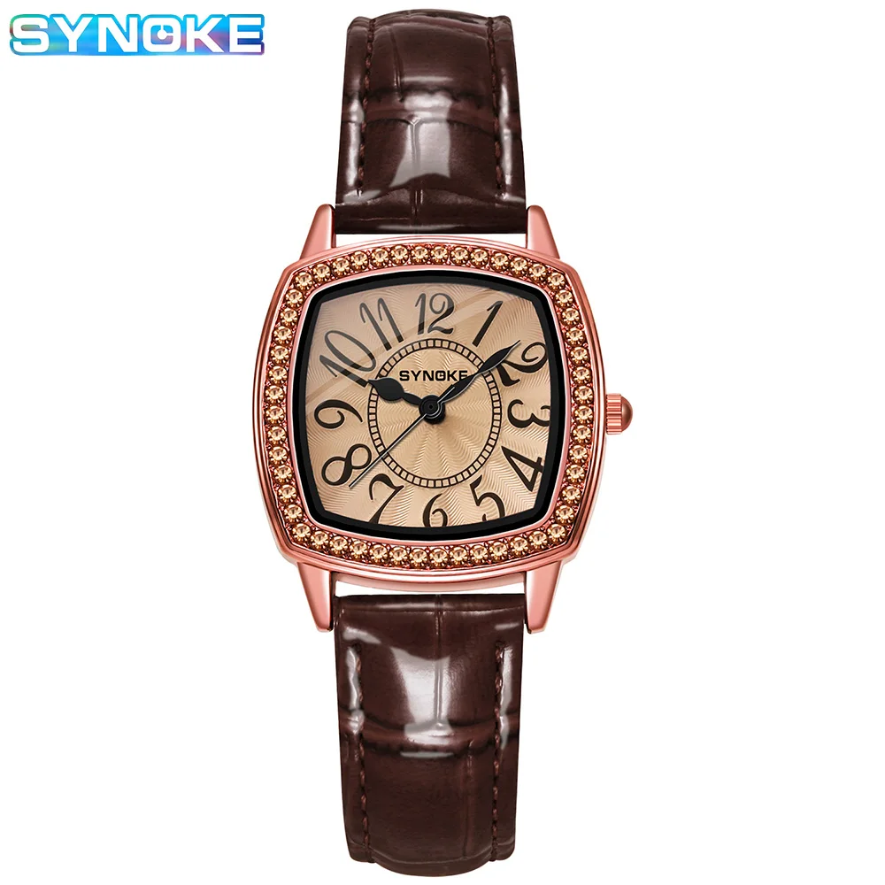 Synoke Luxury Women Quartz Watch Fashionable Trend Diamond Set Large Digital Display Belt Watch Lady Retro