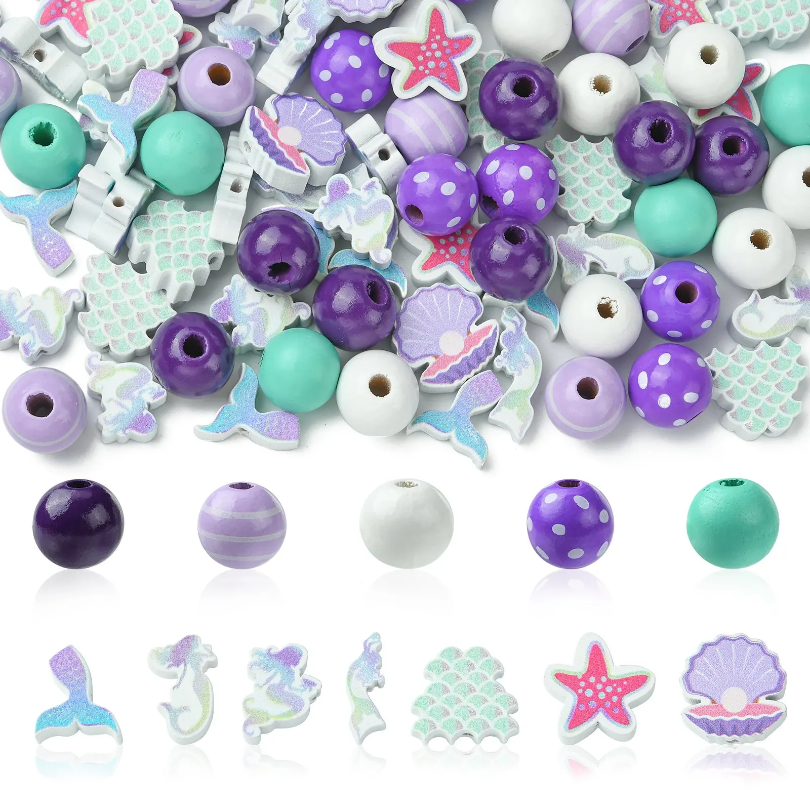 100Pcs Mermaid Wooden Beads Mixed Styles Mermaid Tail Seashell Round Beads Ocean Beads for DIY Garland Braclet Jewelry Crafts Ma