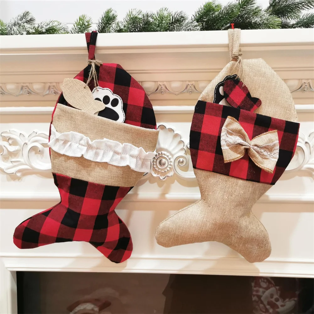 Plaid Christmas Stocking For Pet Buffalo Plaid Black And Red Checker Dog Bone Fish Shape For Puppy Kitty Cat With Bow - Image 3