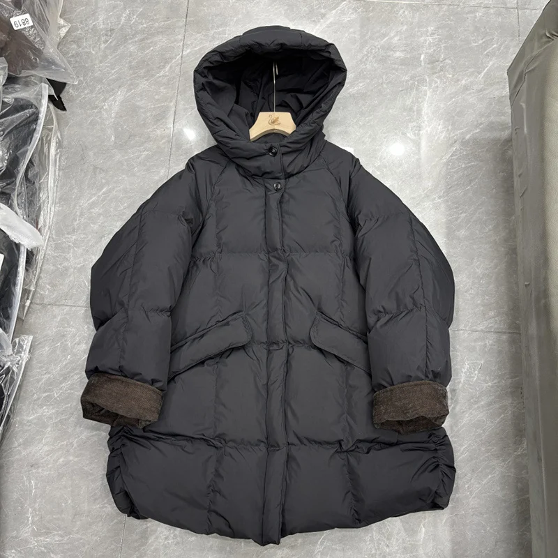 Kurtka puchowa damska Schinteon, biała, z kaczym puchem, jesienno-zimowa, ciepła odzież wierzchnia z kapturem, luźny krój oversize, nowość 2025, realne zdjęcia.