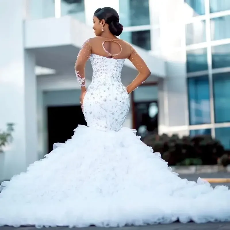 Customized lace Luxury Black Women African Mermaid Wedding Dress  Ruffles Applique Beading Wedding Bridal Gown