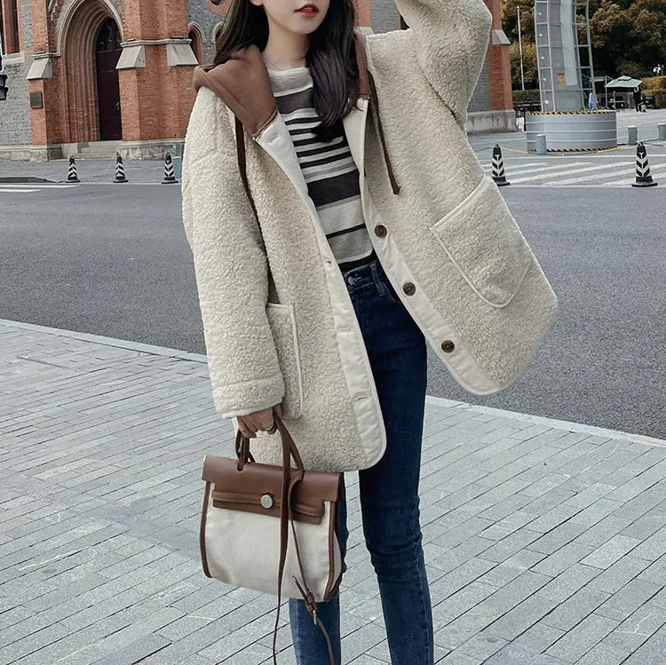 women woolen coat 2026 plush autumn winter warm thick fleece design hood loose new casual wear coat women's clothing
