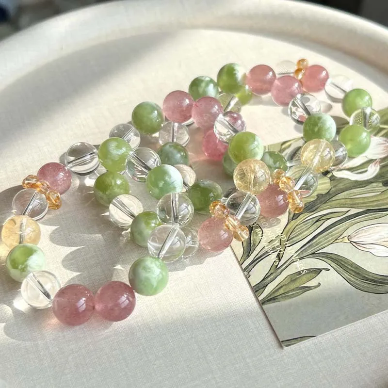 

Chinese Style Genuine Natural Crystal Multi Treasure Beaded Bracelet Lucky Fortune Blessing Peach Blossom Good Luck Ice Transpar