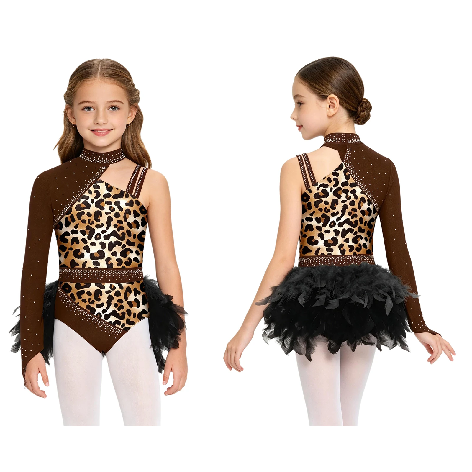 Kids Girls Figure Skating Ballet Gymnastics Tutu Leotard Dress Jazz Dance Performance Costume Shiny Rhinestones Feather Bodysuit