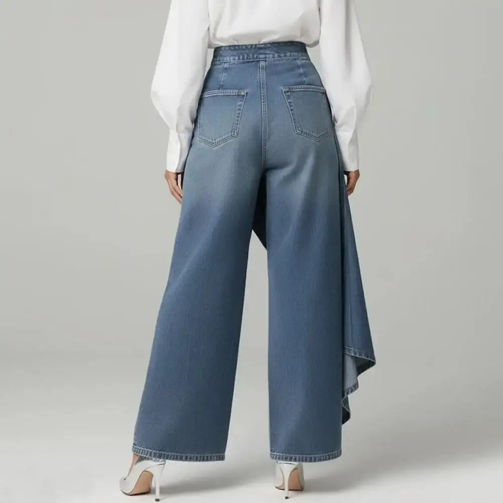 Summer Flowy Jeans for Women Wide Leg Splicing Ruffle High Waisted Asymmetrical Wrap Denim Pants Button Up Dance Jeans