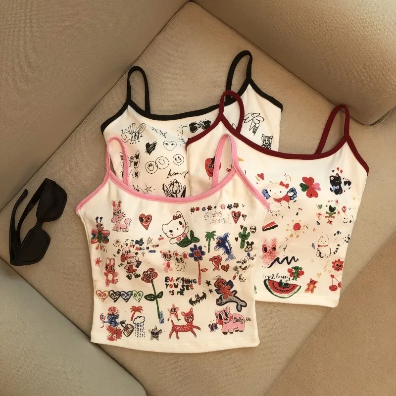 Hellokitty Cartoon Anime Printing Cool Cute Camisole Spaghetti - Strap Top Tank Top Ladies' Sling Style Vests with Chest Pads