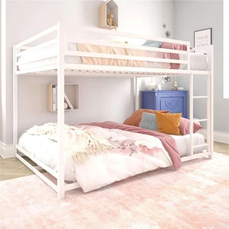 Miles Low Metal Bunk Bed Frame for Kids, With Built-in Ladder, High Guardrail and Metal Slats, Floor Bed Bottom Bunk