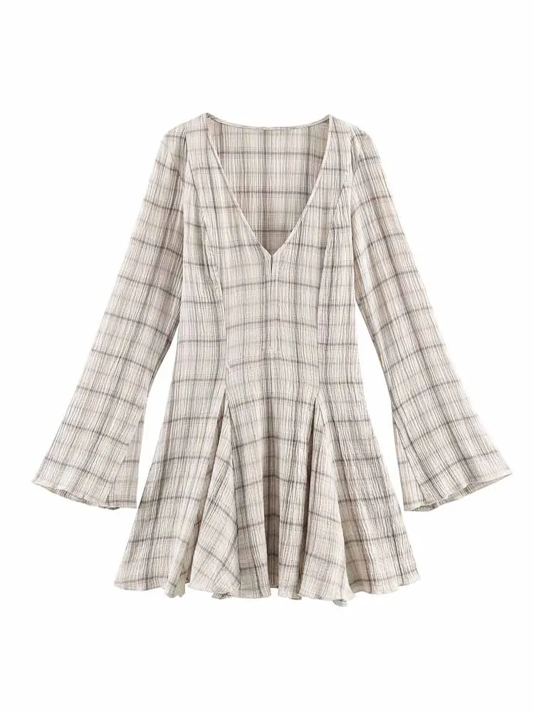 HH New Woman Spring Fashion Versatile Long Sleeves V Collar Plaid Pleated Decoration Short Dress Female Casual Outing Dress