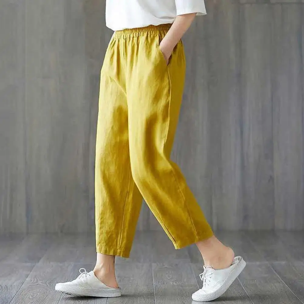 Cotton Linen Women Ninth Pants retro Casual Pants Side Pockets Elastic Waist Harem Pants Loose Travel Leisurewear Trousers 80%