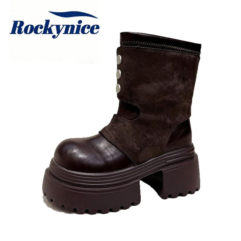 New Women's Soft Leather Ankle Boots Autumn Winter 8CM Heels Chunky Sneakers Motorcycle Short Boots Woman High Platform Botas