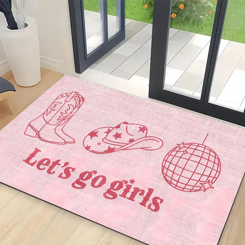 VIKAMA Let's Go Girls' Printed Door Mat Entrance Non slip Floor Mat Cowboy Hat Boots Disco Pattern Carpet Home Decoration