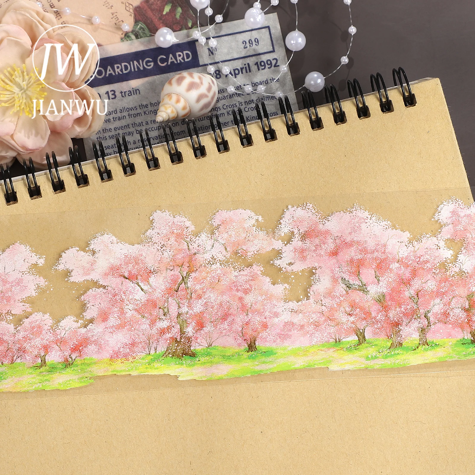 JIANWU 65mm*5m Vintage Peach Blossom Tree Plant Landscape Material Collage Scrapbooking PET Tape Creative DIY Journal Stationery